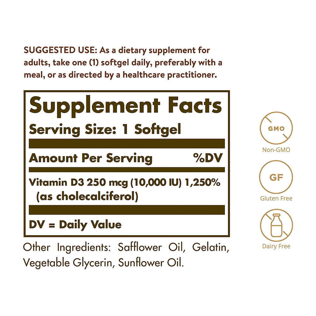 SOLGAR  VITAMIN D3 (CHOLECALCIFEROL) 250 MCG (10,000 IU) / 120  SOFTGELS