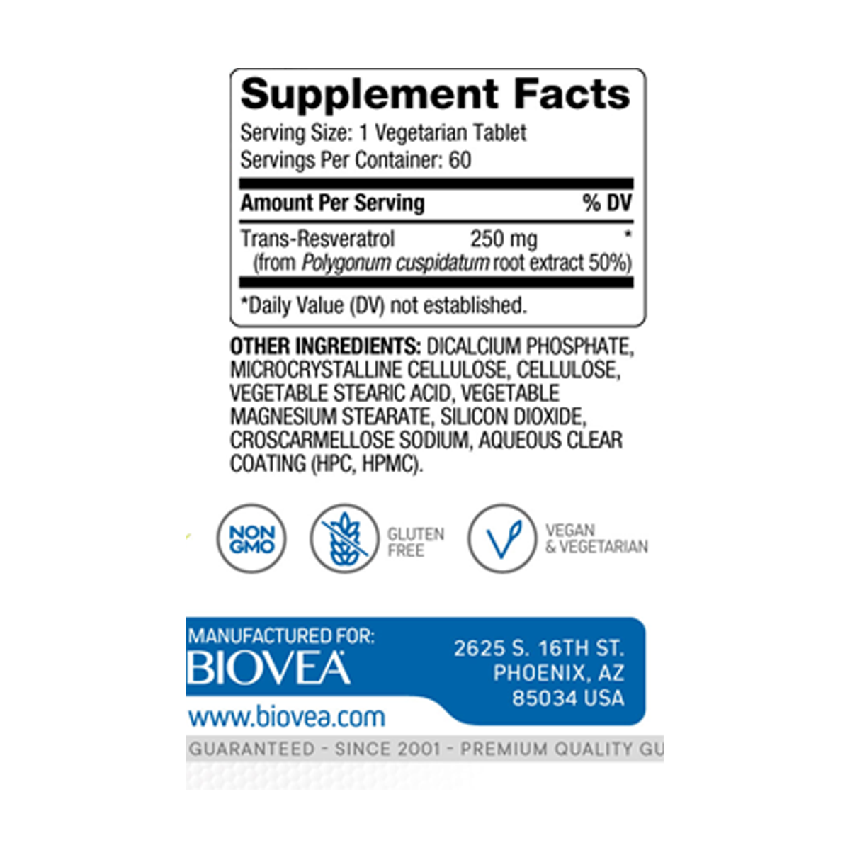 BIOVEA RESVERATROL 250 mg / 60 Vegetarian Tablets BIOVEA RESVERATROL 250 mg / 60 Vegetarian Tablets